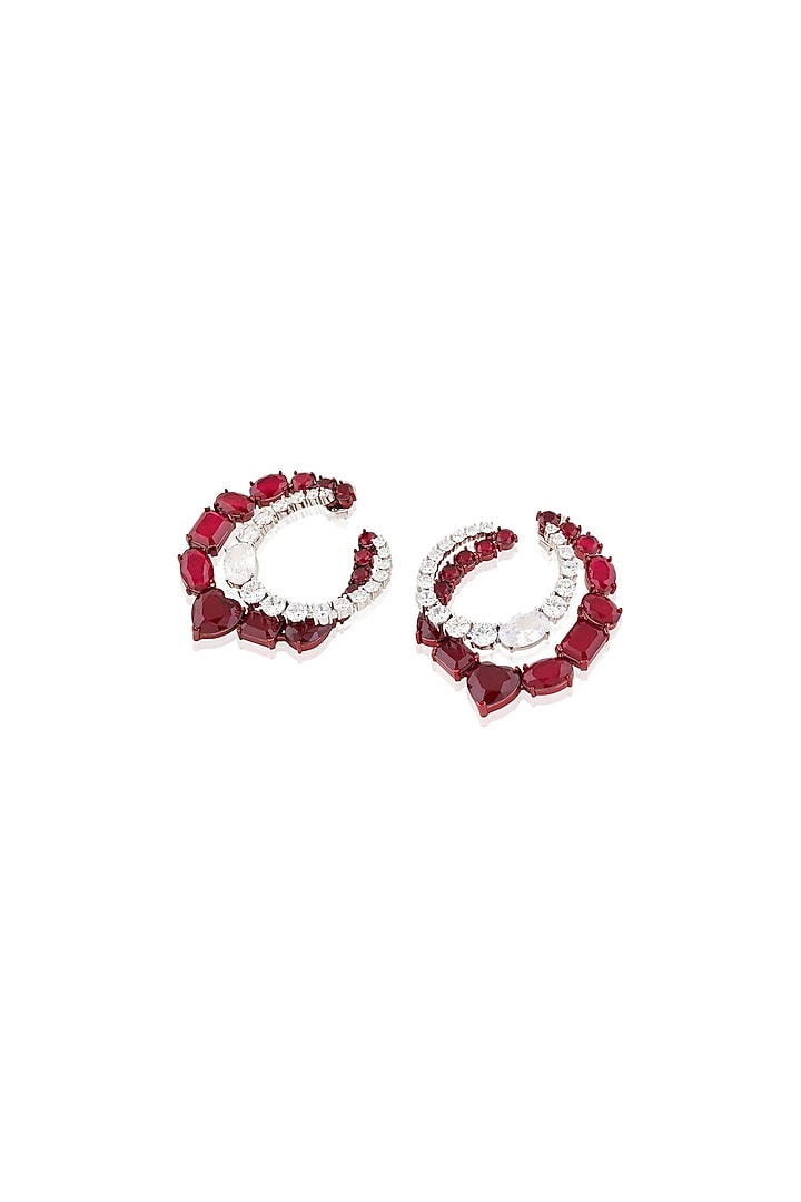 White Rhodium Finish Diamante & Ruby Gemstone Dangler Earrings by Isharya at Pernia's Pop Up Shop
