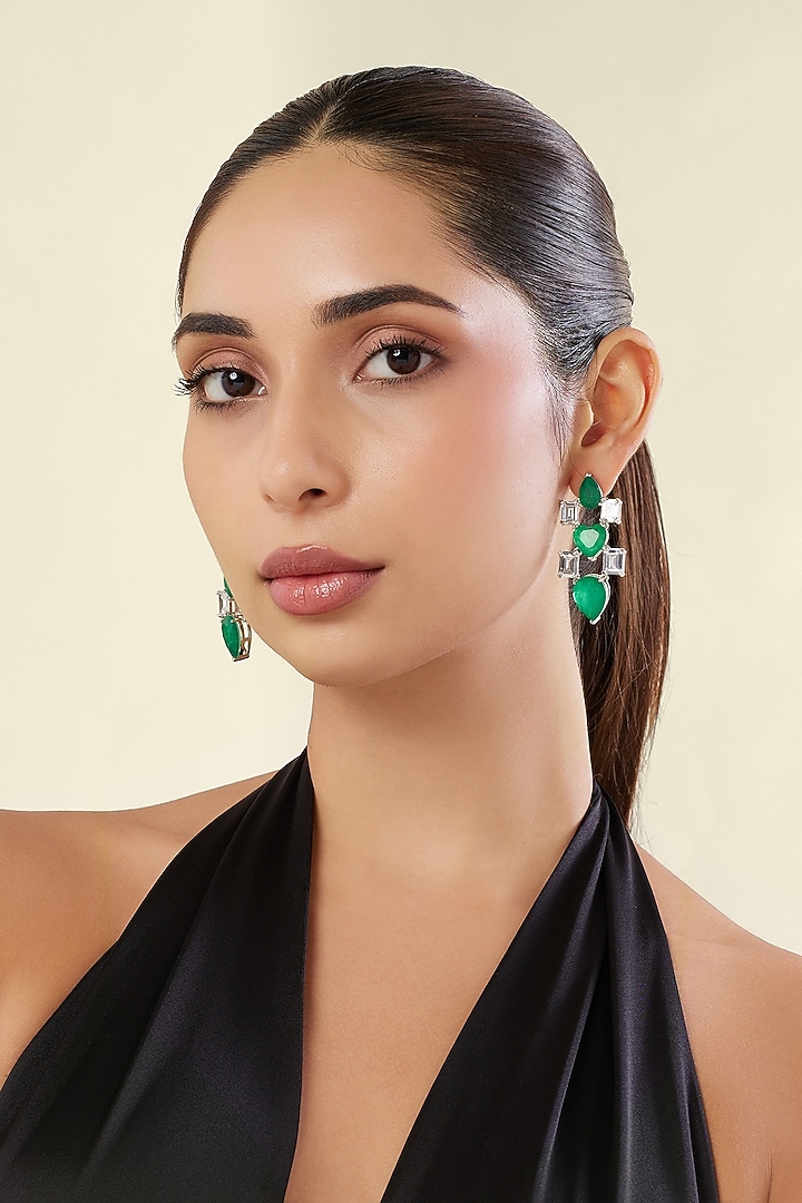 White Rhodium Finish Diamante & Emerald Gemstone Dangler Earrings by Isharya at Pernia's Pop Up Shop