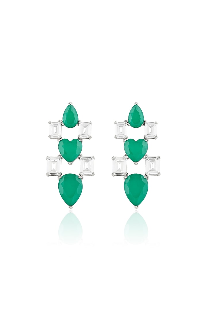 White Rhodium Finish Diamante & Emerald Gemstone Dangler Earrings by Isharya at Pernia's Pop Up Shop