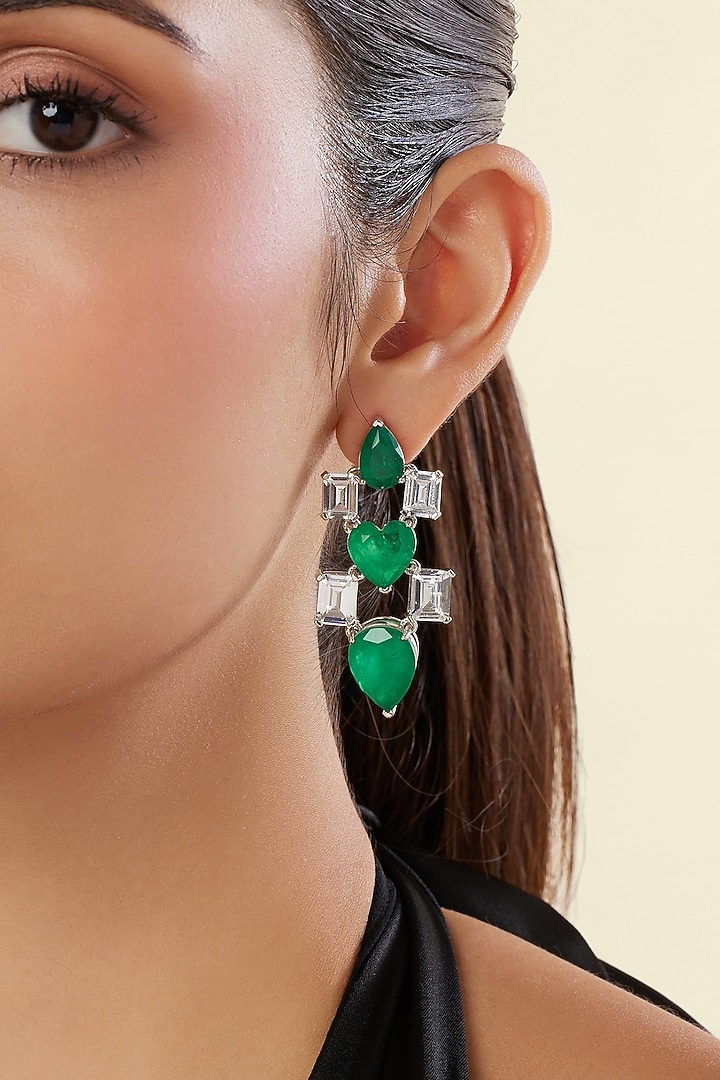 White Rhodium Finish Diamante & Emerald Gemstone Dangler Earrings by Isharya at Pernia's Pop Up Shop