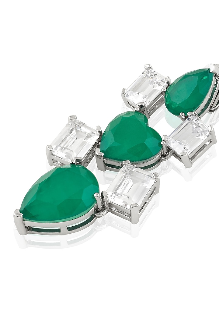 White Rhodium Finish Diamante & Emerald Gemstone Dangler Earrings by Isharya at Pernia's Pop Up Shop