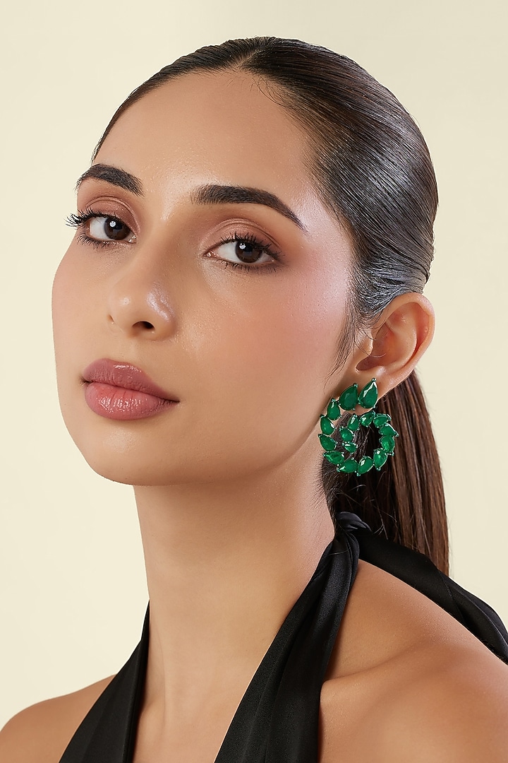 Green Finish Emerald Gemstone Dangler Earrings by Isharya at Pernia's Pop Up Shop