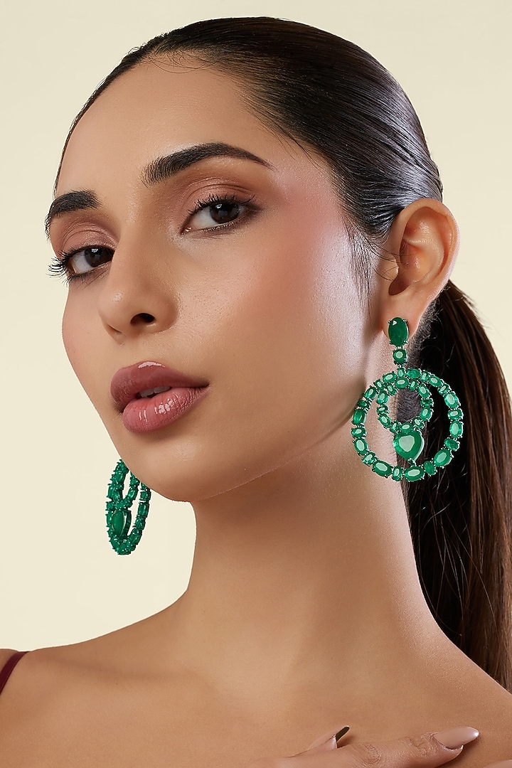 Green Finish Emerald Gemstone Dangler Earrings by Isharya at Pernia's Pop Up Shop