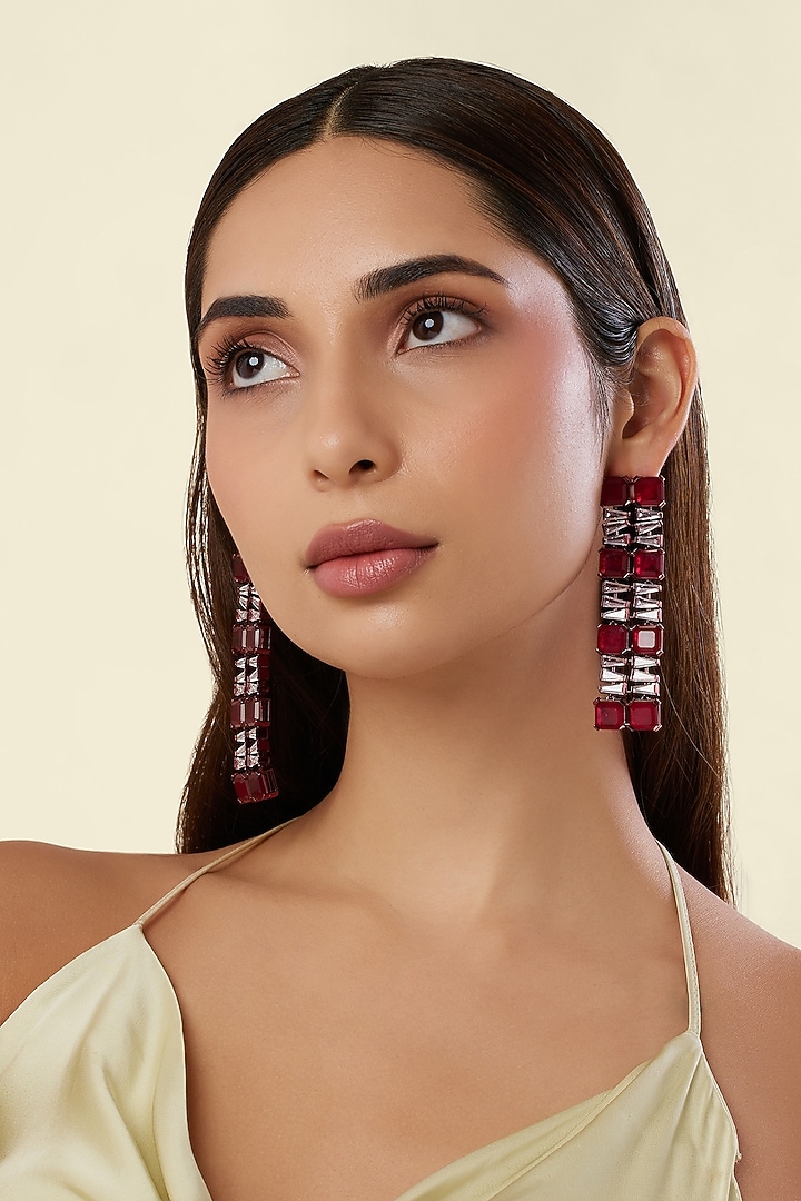 Red Finish Ruby Gemstone Dangler Earrings by Isharya at Pernia's Pop Up Shop