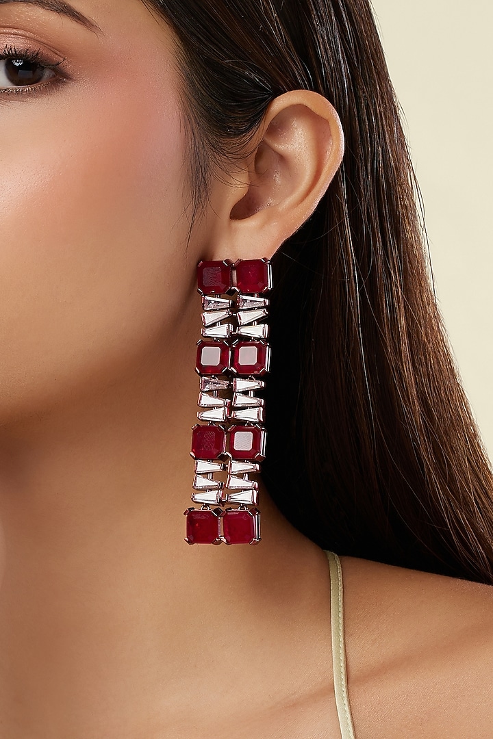 Red Finish Ruby Gemstone Dangler Earrings by Isharya at Pernia's Pop Up Shop