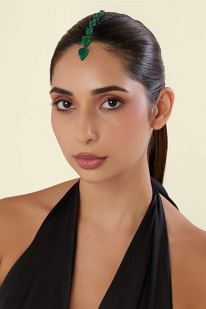 White Rhodium Finish Diamante & Emerald Gemstone Maangtikka by Isharya at Pernia's Pop Up Shop