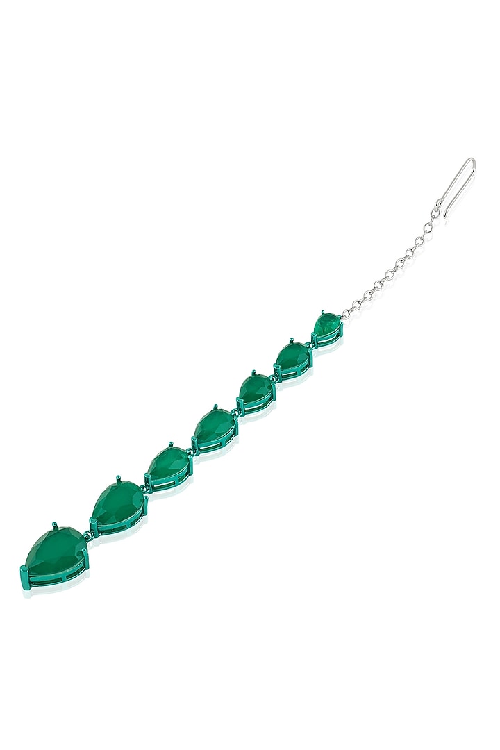 White Rhodium Finish Diamante & Emerald Gemstone Maangtikka by Isharya at Pernia's Pop Up Shop