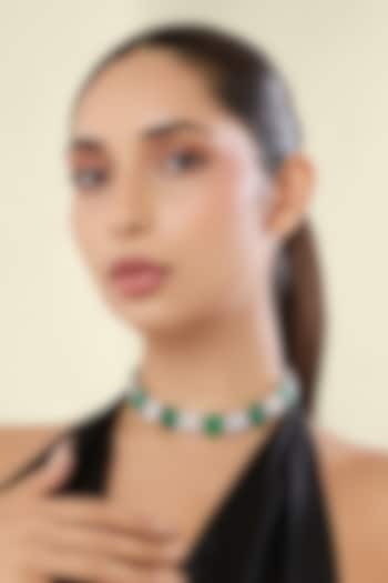 White Rhodium Finish Diamante & Emerald Gemstone Necklace by Isharya at Pernia's Pop Up Shop