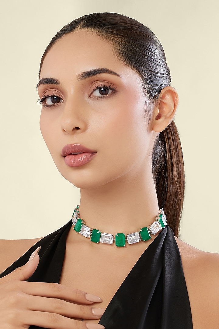 White Rhodium Finish Diamante & Emerald Gemstone Necklace by Isharya at Pernia's Pop Up Shop