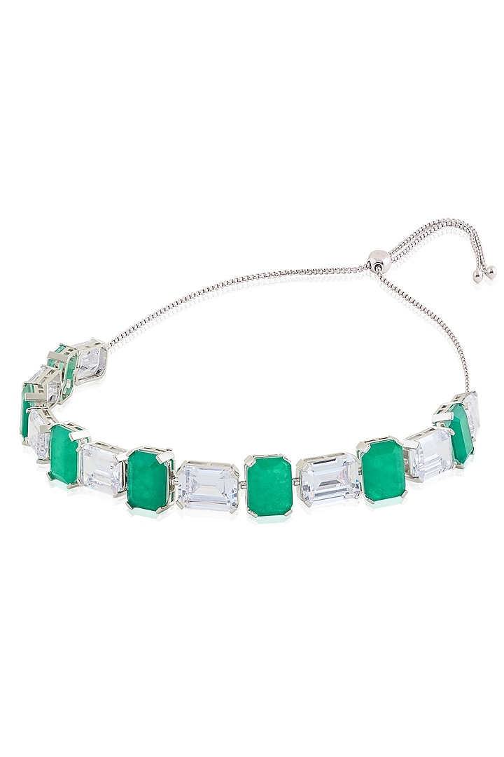 White Rhodium Finish Diamante & Emerald Gemstone Necklace by Isharya at Pernia's Pop Up Shop