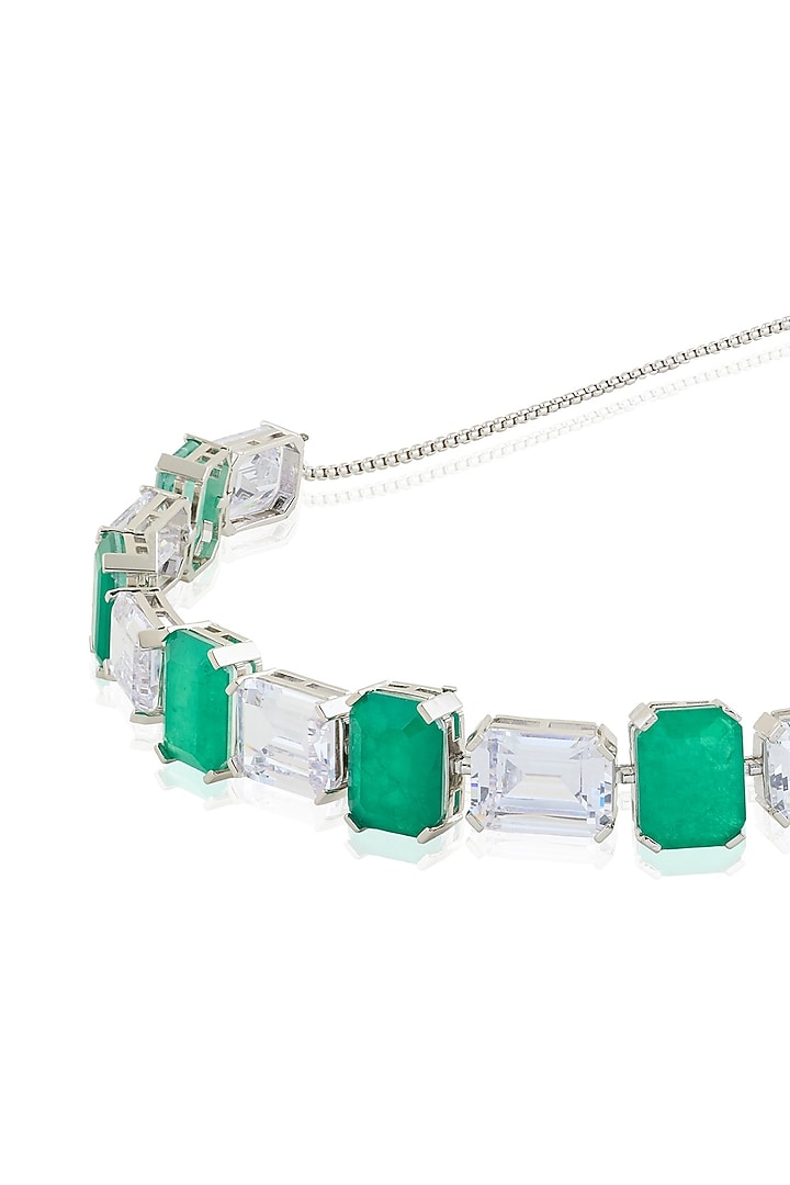 White Rhodium Finish Diamante & Emerald Gemstone Necklace by Isharya at Pernia's Pop Up Shop