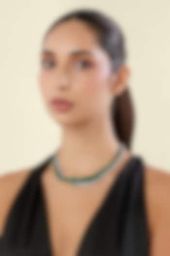 White Rhodium Finish Diamante & Emerald Gemstone Necklace by Isharya at Pernia's Pop Up Shop