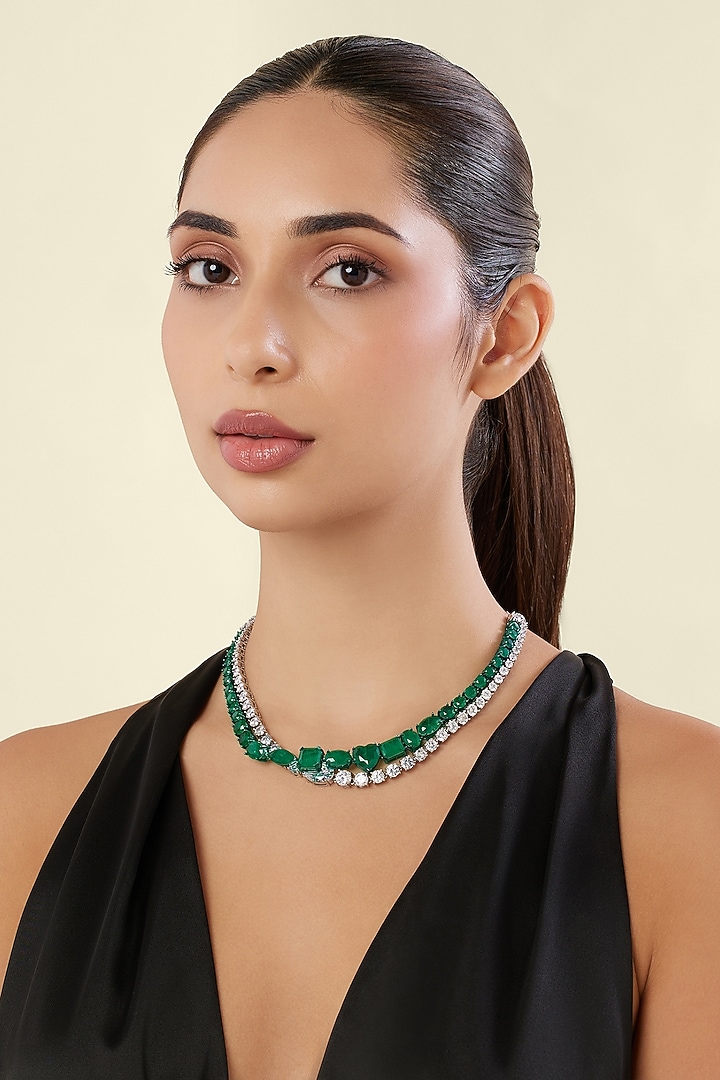 White Rhodium Finish Diamante & Emerald Gemstone Necklace by Isharya at Pernia's Pop Up Shop