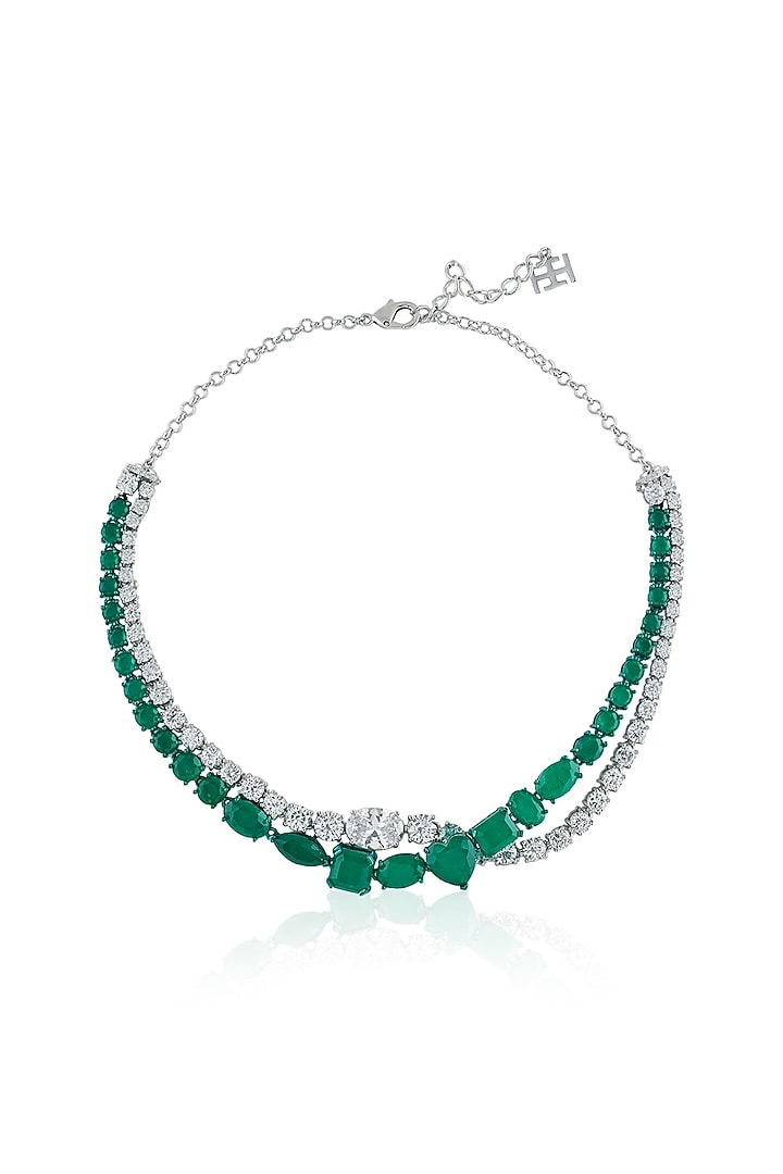 White Rhodium Finish Diamante & Emerald Gemstone Necklace by Isharya at Pernia's Pop Up Shop