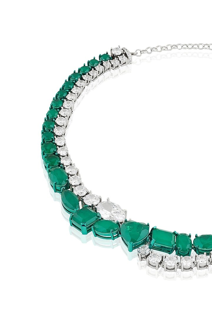 White Rhodium Finish Diamante & Emerald Gemstone Necklace by Isharya at Pernia's Pop Up Shop