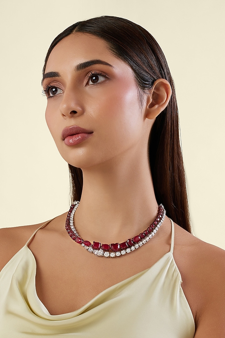 White Rhodium Finish Ruby Gemstone Necklace Set by Isharya at Pernia's Pop Up Shop