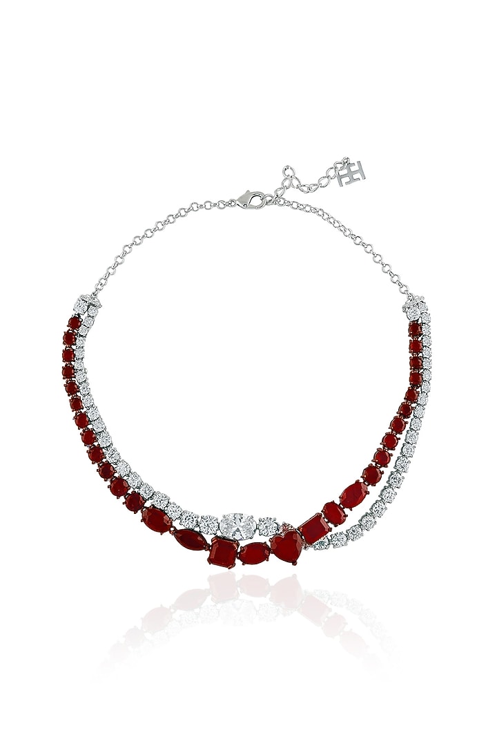 White Rhodium Finish Ruby Gemstone Necklace Set by Isharya at Pernia's Pop Up Shop