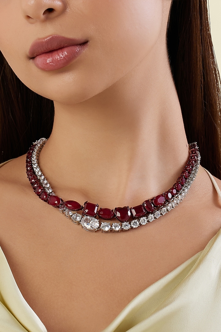 White Rhodium Finish Ruby Gemstone Necklace Set by Isharya at Pernia's Pop Up Shop