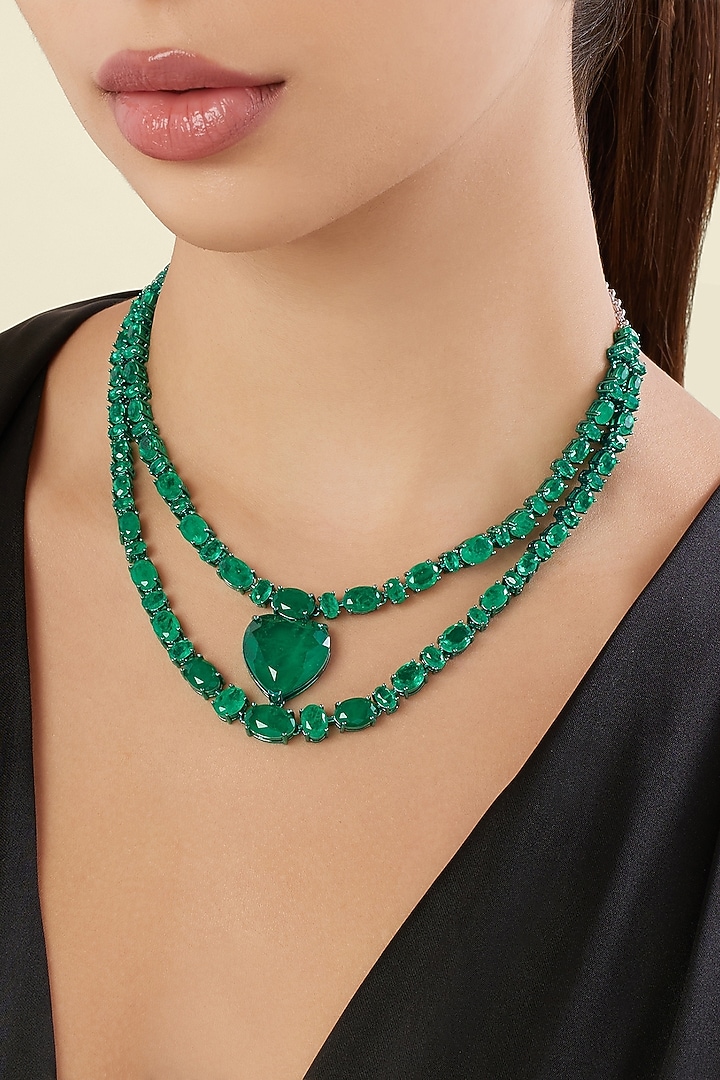 Green Finish Emerald Gemstone Layered Necklace by Isharya at Pernia's Pop Up Shop