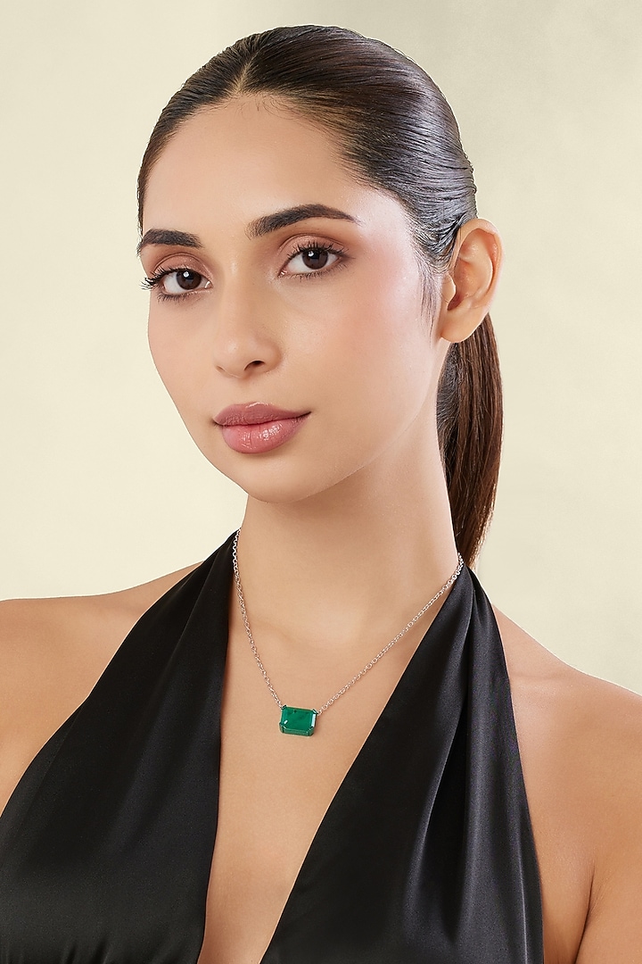 White Rhodium Finish Emerald Gemstone Pendant Necklace by Isharya at Pernia's Pop Up Shop