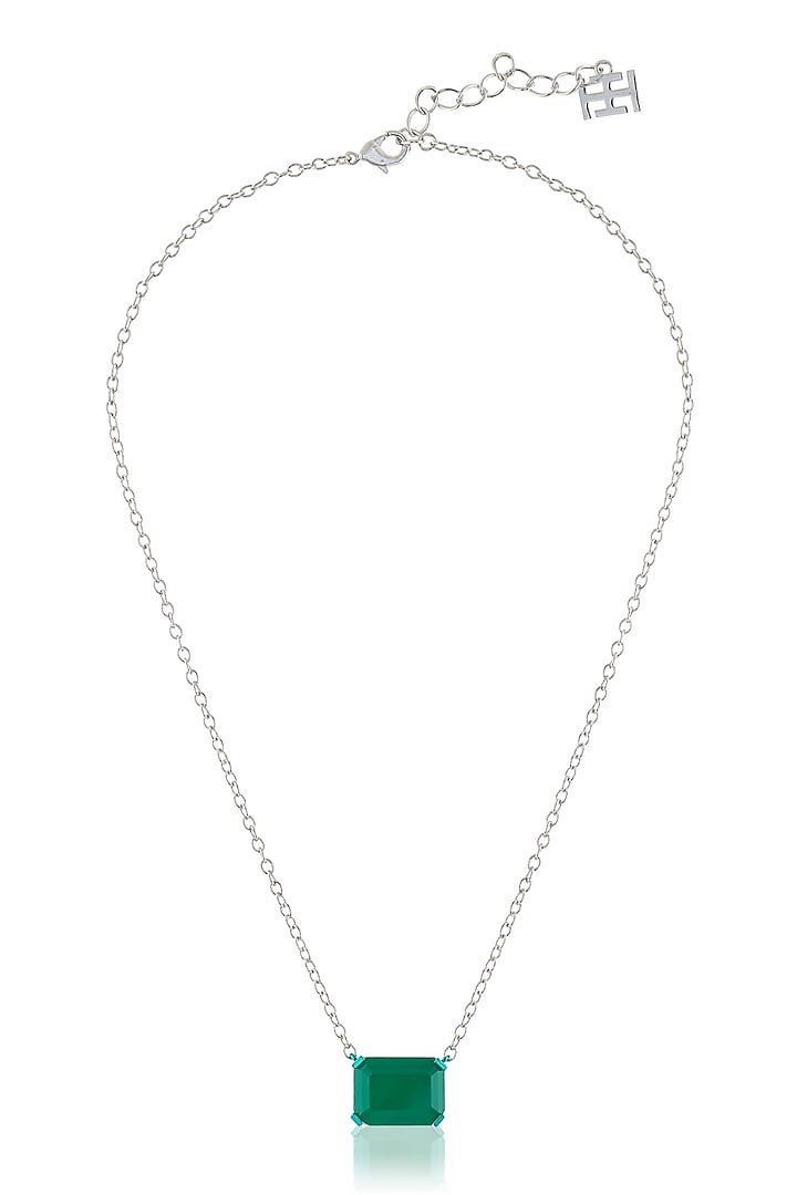 White Rhodium Finish Emerald Gemstone Pendant Necklace by Isharya at Pernia's Pop Up Shop