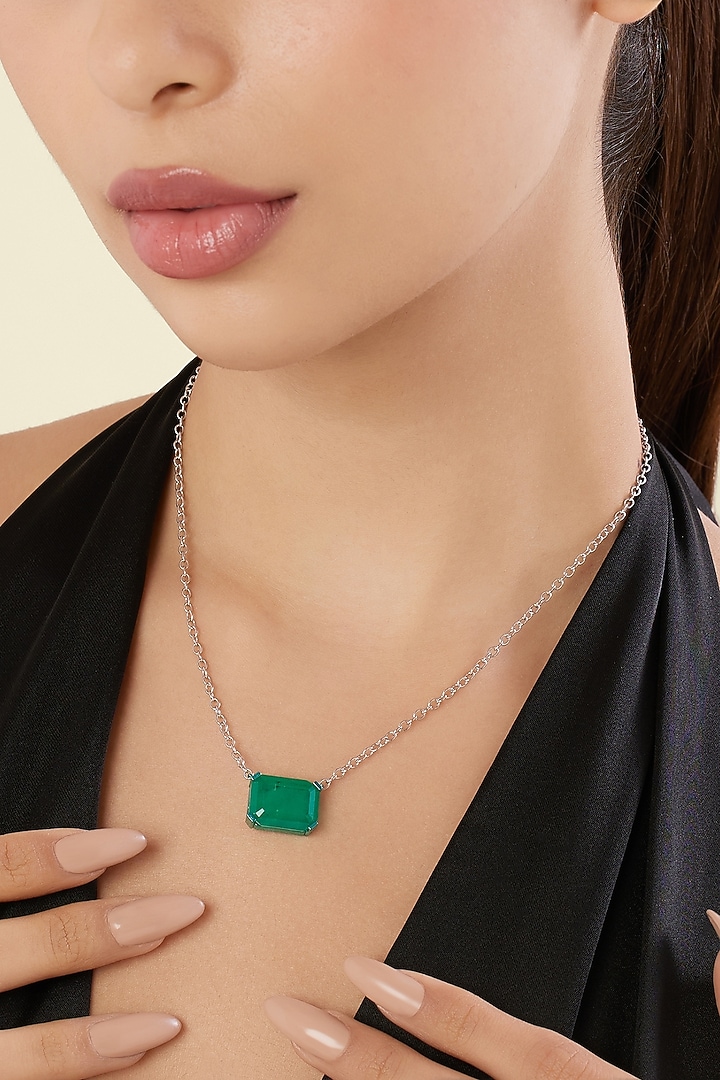 White Rhodium Finish Emerald Gemstone Pendant Necklace by Isharya at Pernia's Pop Up Shop