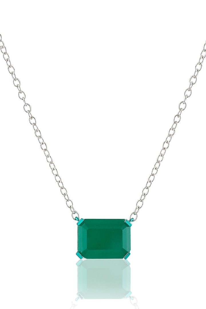 White Rhodium Finish Emerald Gemstone Pendant Necklace by Isharya at Pernia's Pop Up Shop