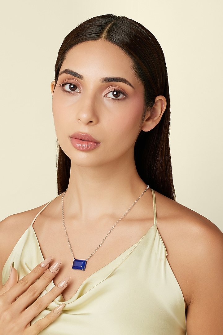 White Rhodium Finish Sapphire Gemstone Pendant Necklace by Isharya at Pernia's Pop Up Shop