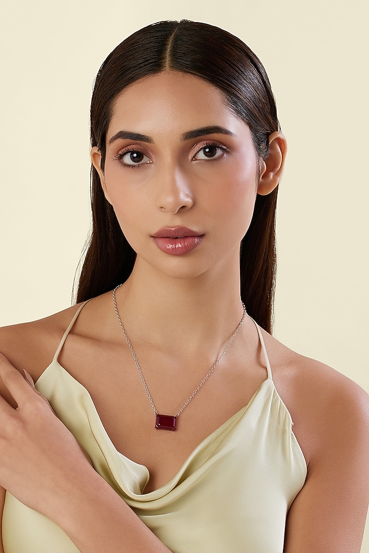 White Rhodium Finish Ruby Gemstone Pendant Necklace by Isharya at Pernia's Pop Up Shop