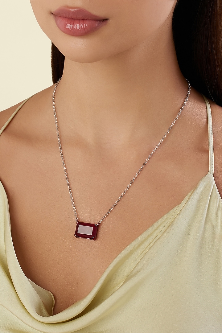 White Rhodium Finish Ruby Gemstone Pendant Necklace by Isharya at Pernia's Pop Up Shop