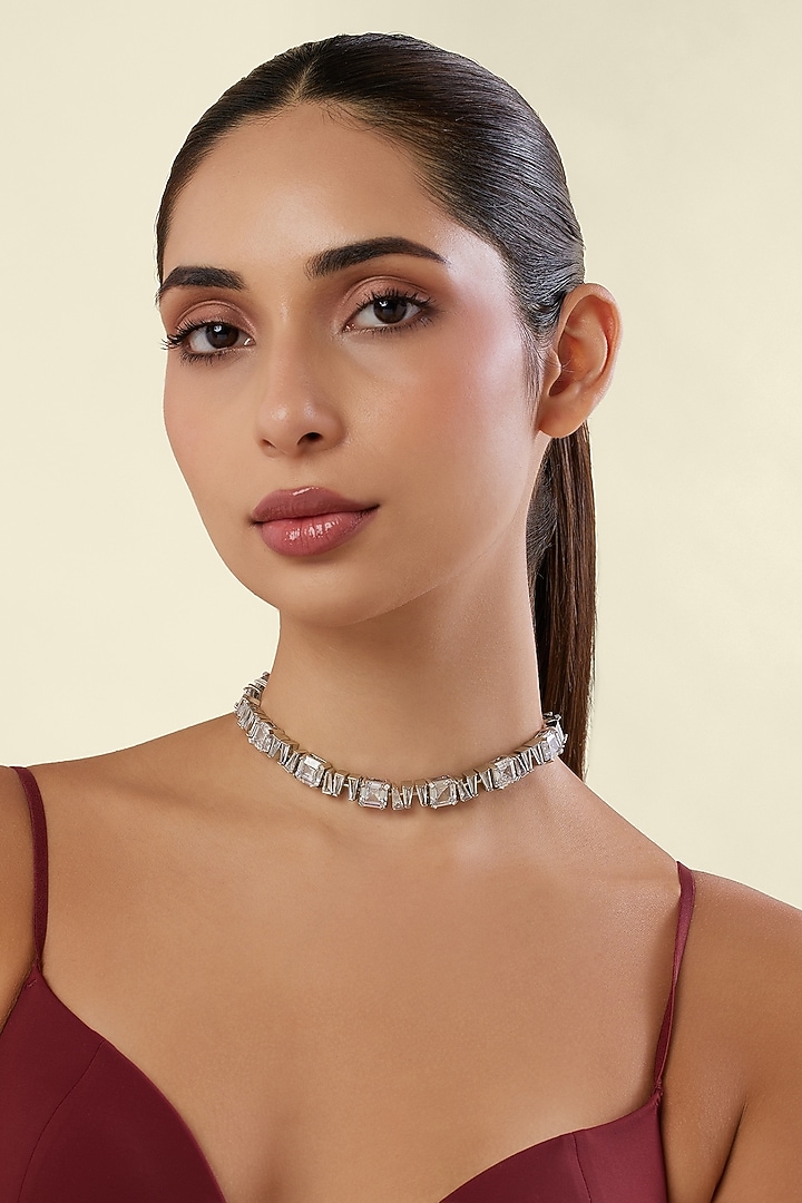 White Rhodium Finish Diamante Choker Necklace by Isharya at Pernia's Pop Up Shop