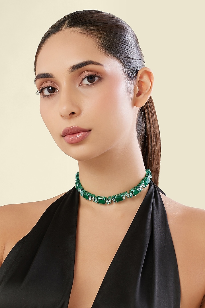 White Rhodium Finish Emerald Gemstone Choker Necklace by Isharya at Pernia's Pop Up Shop