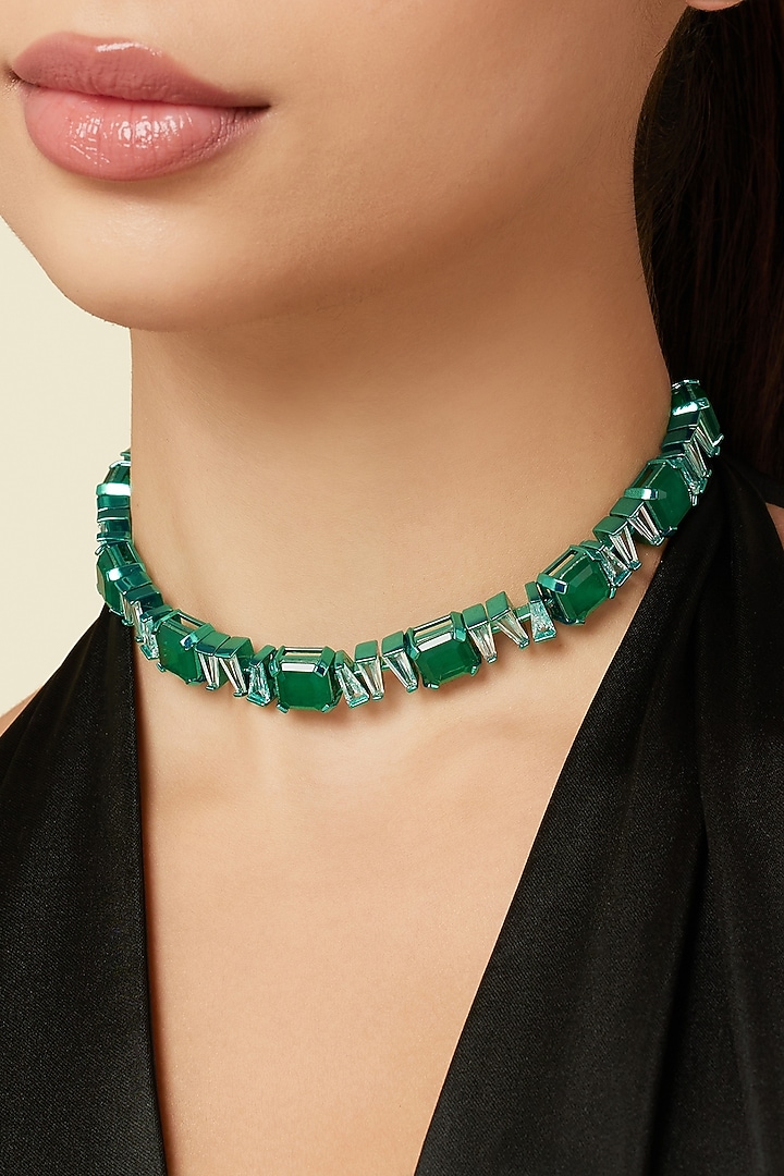 White Rhodium Finish Emerald Gemstone Choker Necklace by Isharya at Pernia's Pop Up Shop