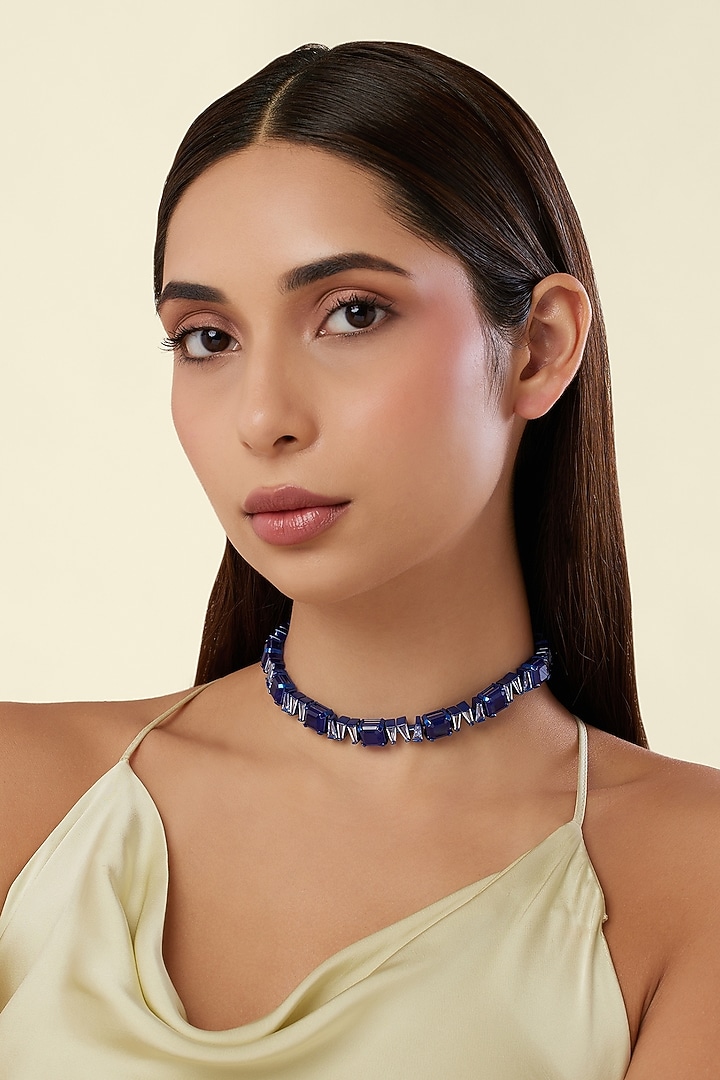 White Rhodium Finish Sapphire Gemstone Choker Necklace by Isharya at Pernia's Pop Up Shop
