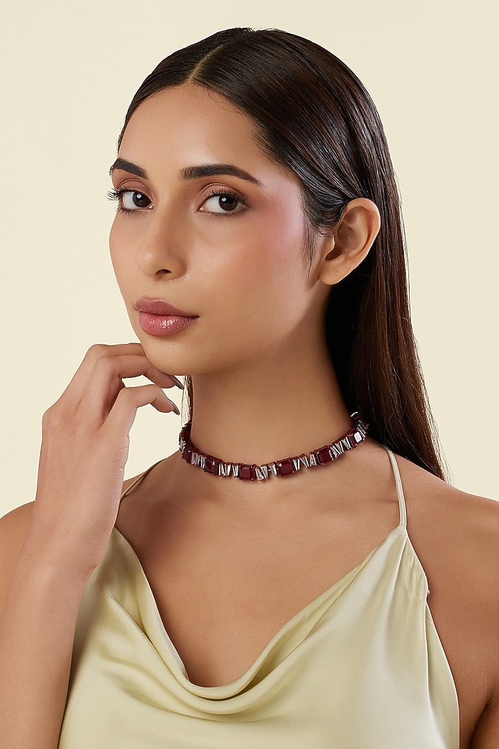 White Rhodium Finish Ruby Gemstone Choker Necklace by Isharya at Pernia's Pop Up Shop