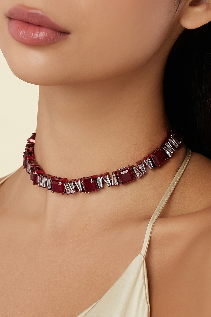 White Rhodium Finish Ruby Gemstone Choker Necklace by Isharya at Pernia's Pop Up Shop