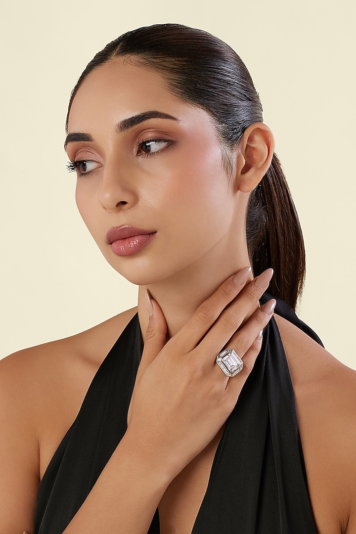 White Rhodium Finish Diamante Ring by Isharya at Pernia's Pop Up Shop