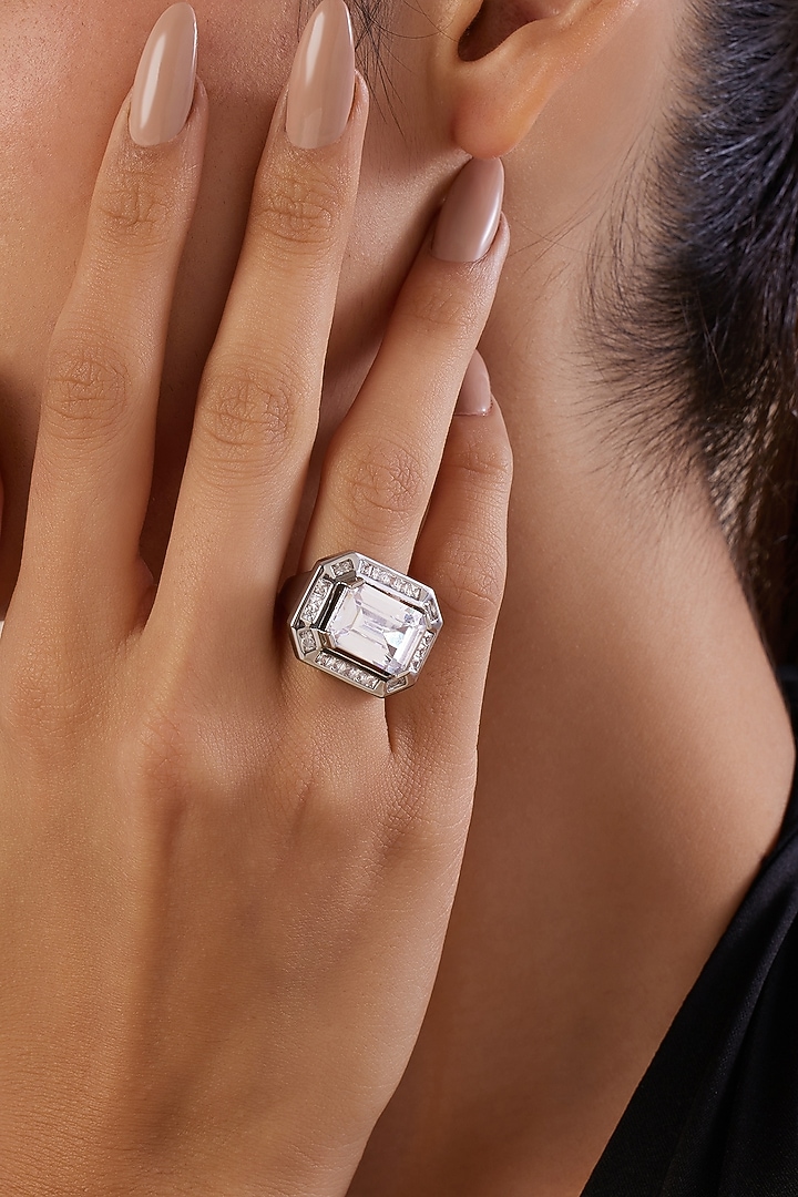 White Rhodium Finish Diamante Ring by Isharya at Pernia's Pop Up Shop