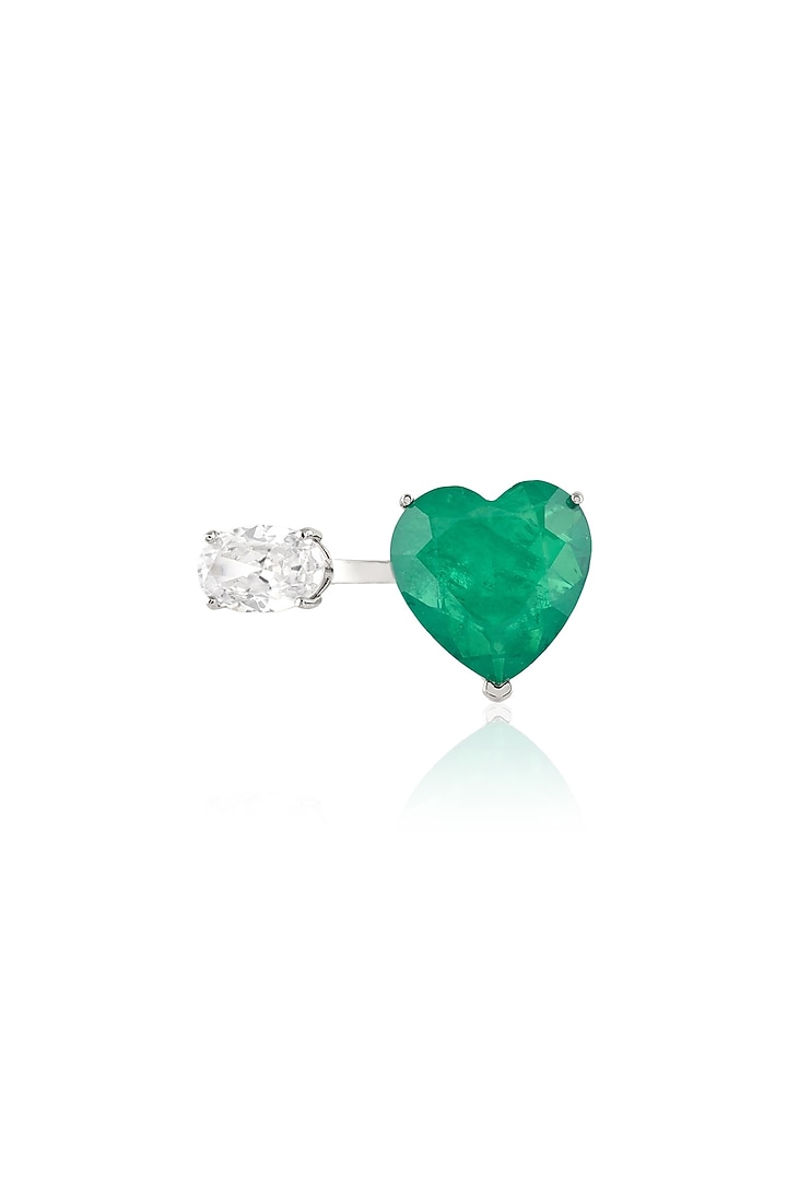 White Rhodium Finish Emerald Gemstone Ring by Isharya at Pernia's Pop Up Shop