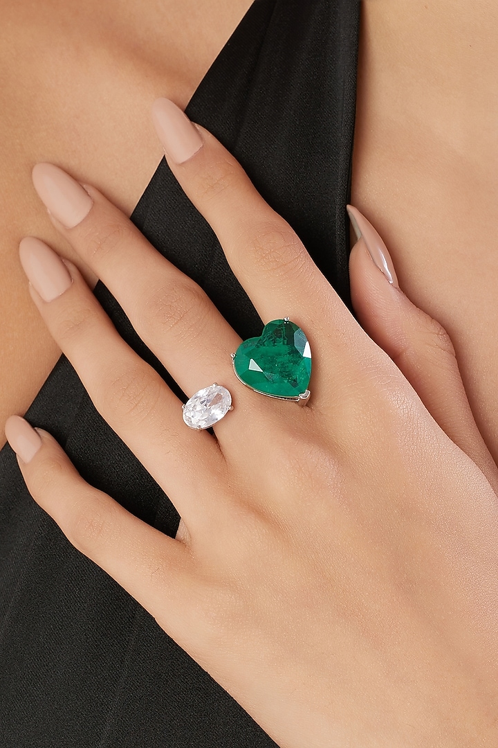 White Rhodium Finish Emerald Gemstone Ring by Isharya at Pernia's Pop Up Shop