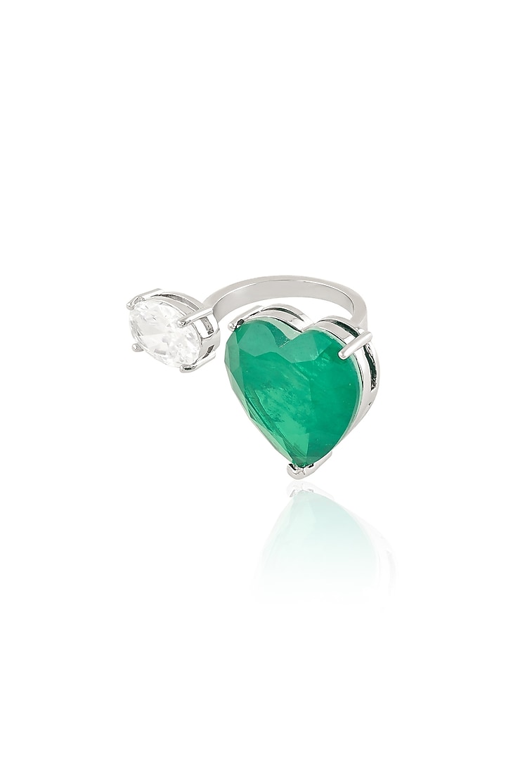 White Rhodium Finish Emerald Gemstone Ring by Isharya at Pernia's Pop Up Shop
