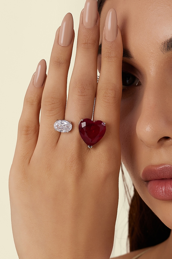 White Rhodium Finish Ruby Gemstone Ring by Isharya at Pernia's Pop Up Shop