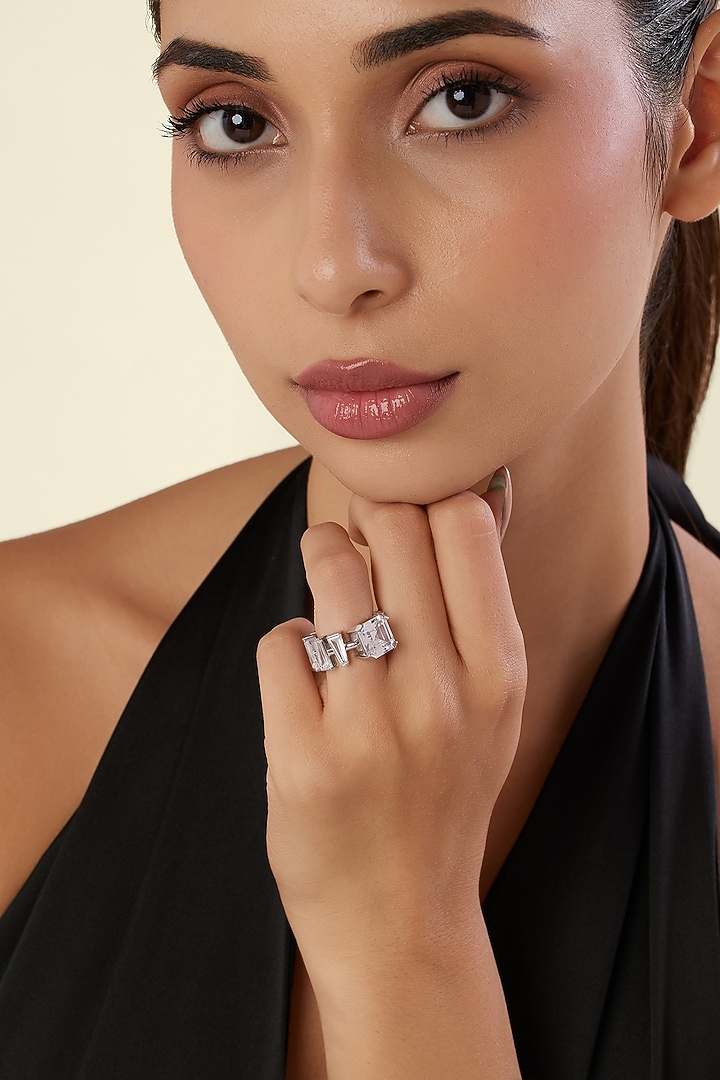 White Rhodium Finish Diamante Ring by Isharya at Pernia's Pop Up Shop
