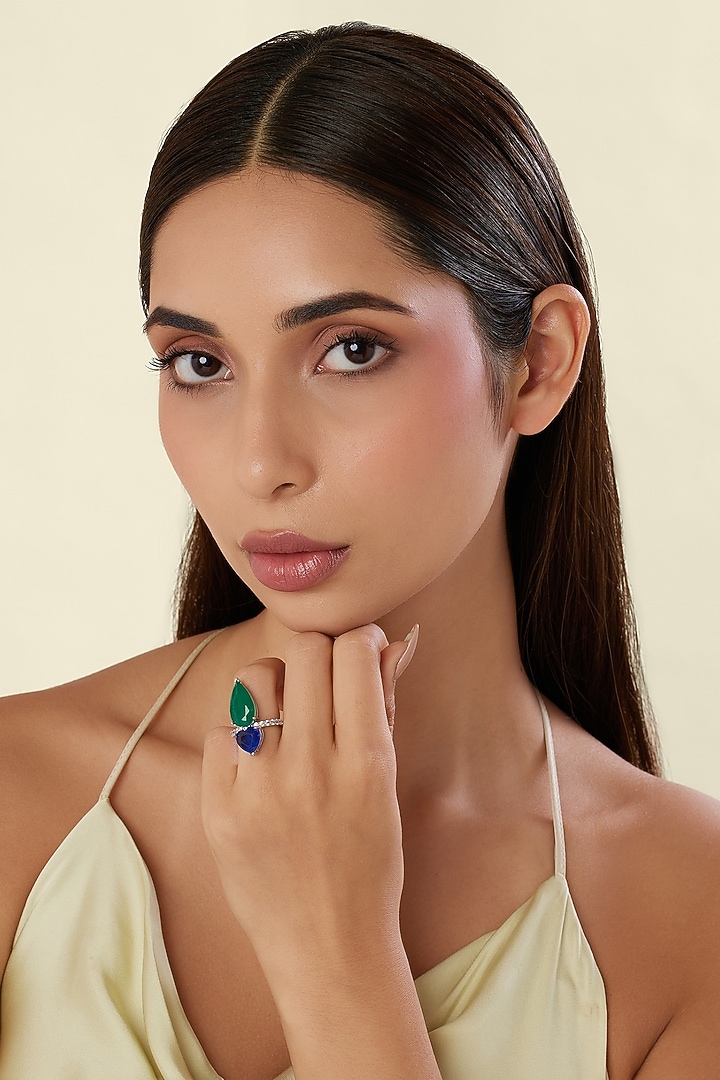 White Rhodium Finish Emerald & Sapphire Gemstone Ring by Isharya at Pernia's Pop Up Shop