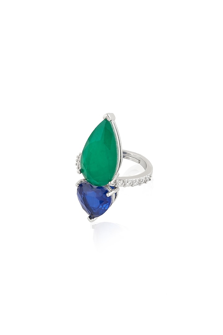 White Rhodium Finish Emerald & Sapphire Gemstone Ring by Isharya at Pernia's Pop Up Shop