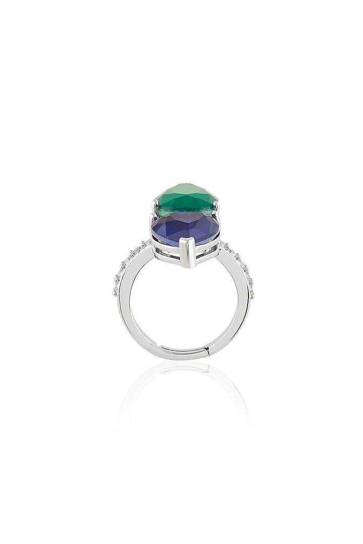 White Rhodium Finish Emerald & Sapphire Gemstone Ring by Isharya at Pernia's Pop Up Shop