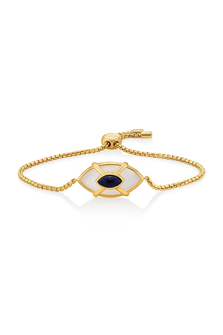 Gold Finish Blue Sapphire Stone Evil Eye Bracelet by Isharya at Pernia's Pop Up Shop