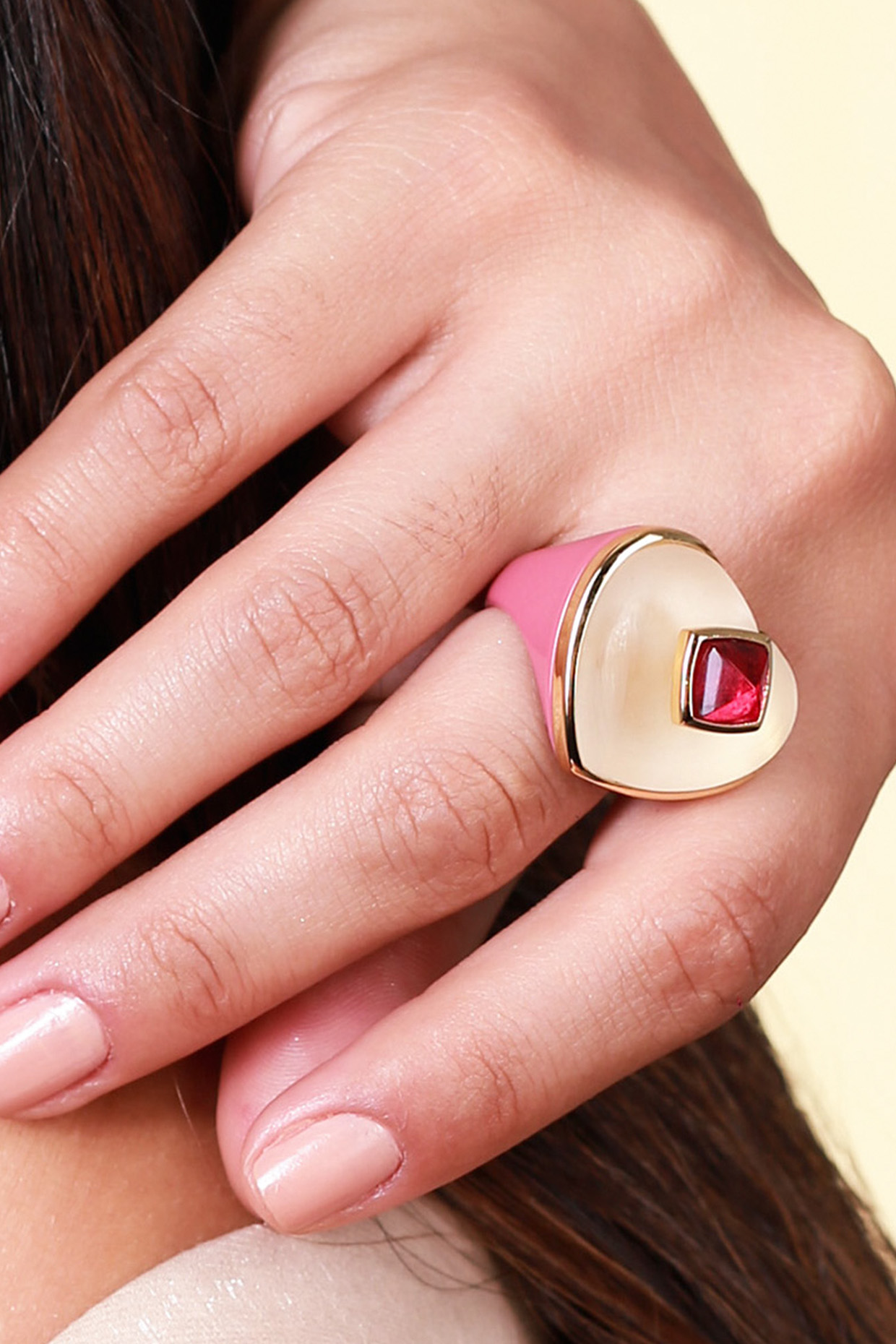 Gold Finish Pink Resin Ring by Isharya at Pernia's Pop Up Shop