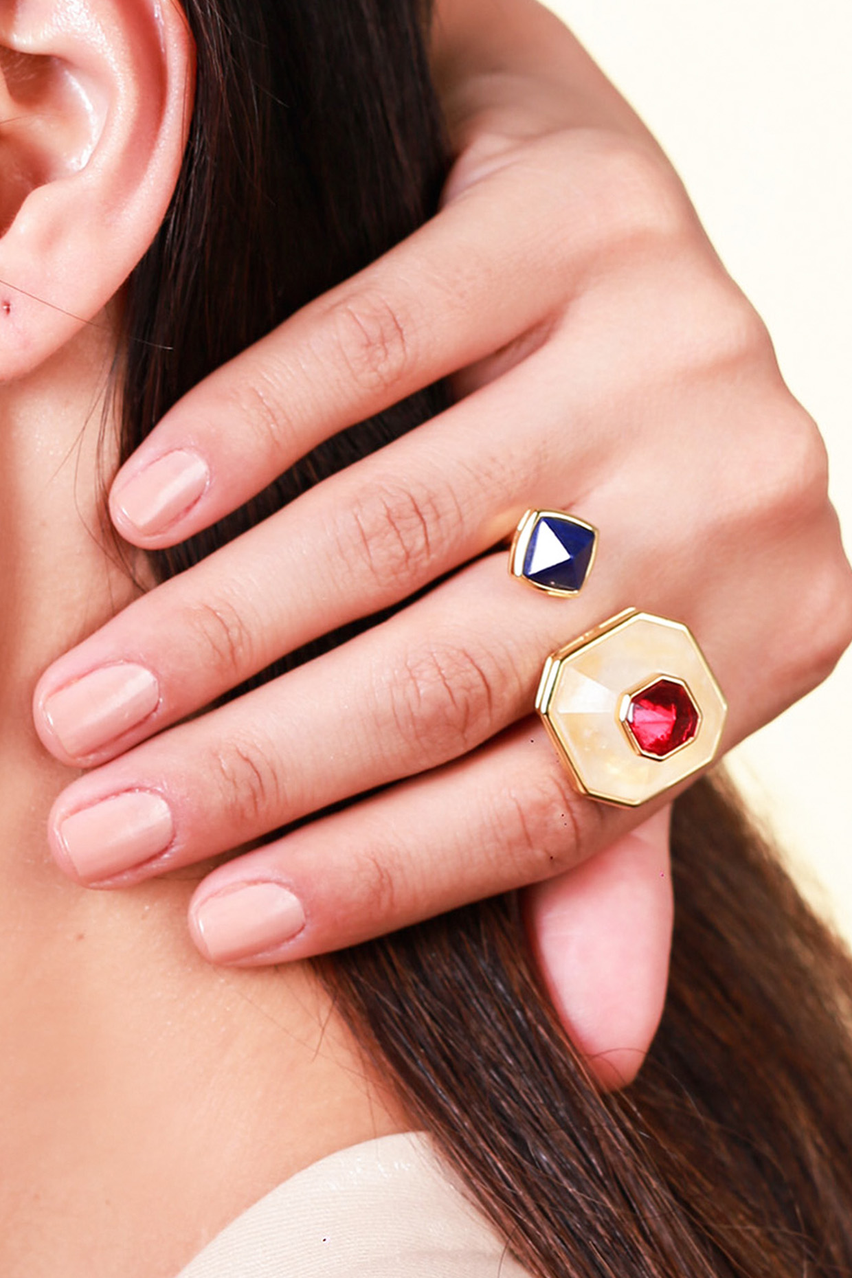 Gold Plated Pink Hydro Stone & Lapis Ring by Isharya at Pernia's Pop Up Shop