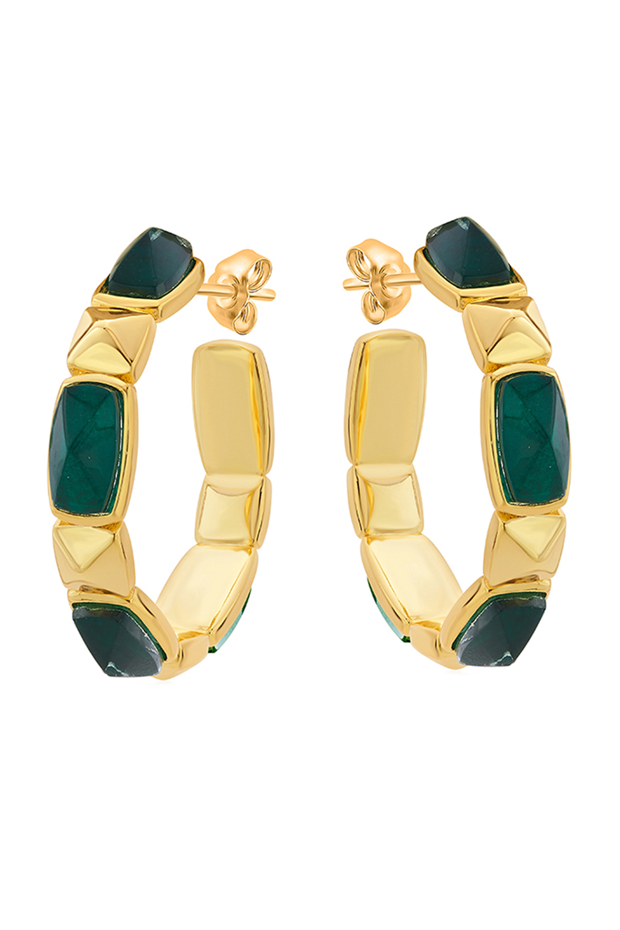 Gold Finish Emerald Doublet Stone Hoop Earrings by Isharya at Pernia's Pop Up Shop
